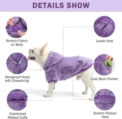 SCENEREAL Fleece Dog Sweaters Hoodie for Small Medium Large Dogs Girls Boys, Plush Fuzzy Dog Clothes Hoodies with Leash Hole, Winter/Fall Puppy Cold Weather Coat, Sherpa Hooded Sweatshirt, Purple S