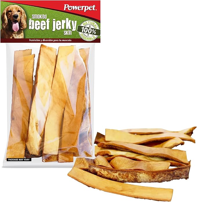 Treats Natural Smoked Beef Jerky Skin for Dogs - High Protein, Grain-Free, Long-Lasting Chews, Ideal for All Breeds, Promotes Dental Health - Easy Digestion - 8oz Bag (Package May Vary)
