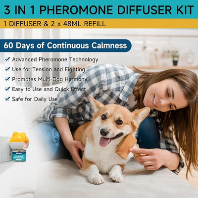 Woyamay Dog Calming Diffuser - Dog Pheromones Calming Diffuser for Dog Anxiety Relief 3-in-1 Dog Pheromone Diffuser Kit with 1 Diffuser + 2 Refill 48ml Vial - 60 Days Pheromone Diffuser to Calm Dogs