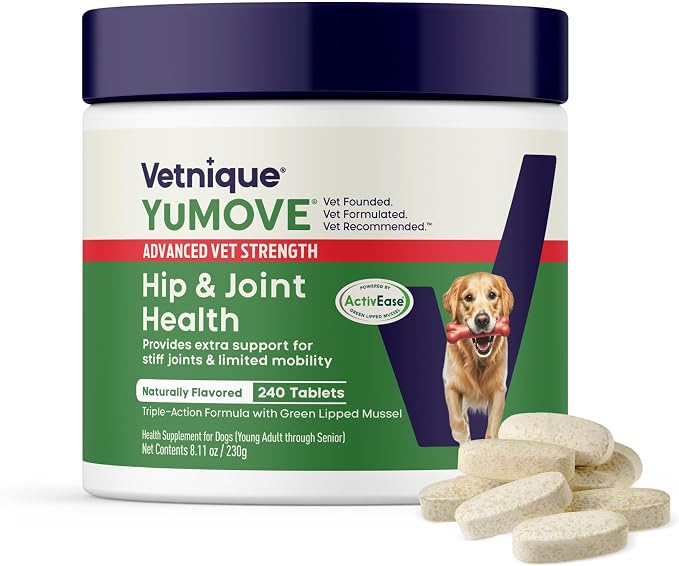 Dog Hip & Joint Supplement, Regular or Advanced Strength - ActivEase Green Lipped Mussel, Glucosamine, Hyaluronic Acid & Omega 3 - Chewable Tablets (240ct Chewable Tablets, Advanced Strength)