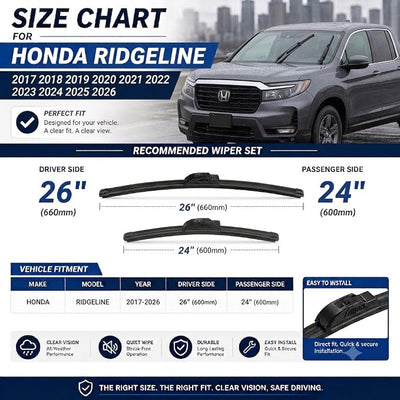 AERO Wipers OEM Replacement for Honda Ridgeline 2017-2026, 26"+24" Front, All-Season Windshield Wiper Blades with Extra Squeegee Refills + 1-Year Warranty (Set of 2)