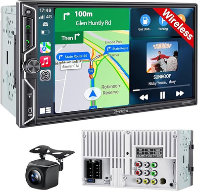 7" QLED Double Din Car Stereo Compatible with Wireless Apple CarPlay & Android Auto, Bluetooth 5.3 Car Radio, 240W 4.2-Channel Audio, MirrorLink, SWC, Backup Camera