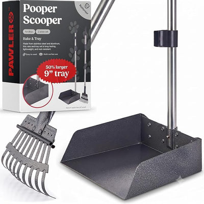 Pawler Pooper Scooper for Large Dogs, Small Dogs and Horses, Metal Poop Scooper Set with Long Handle Rake and Tray for Yard, Grass, Dirt or Gravel, Heavy Duty Aluminum Poop Picker Upper