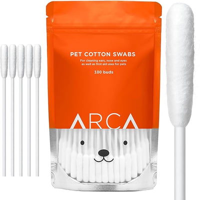 ARCA PET Cotton Swabs for Dogs and Cats - Cat & Dog Ear Cleaner Long Cotton Swab - Extra Long Stick, Cat & Dog Ear Cleaning Kit for Puppies and Pets, Multipurpose Pet Cotton Swabs for Ears (100 Buds)