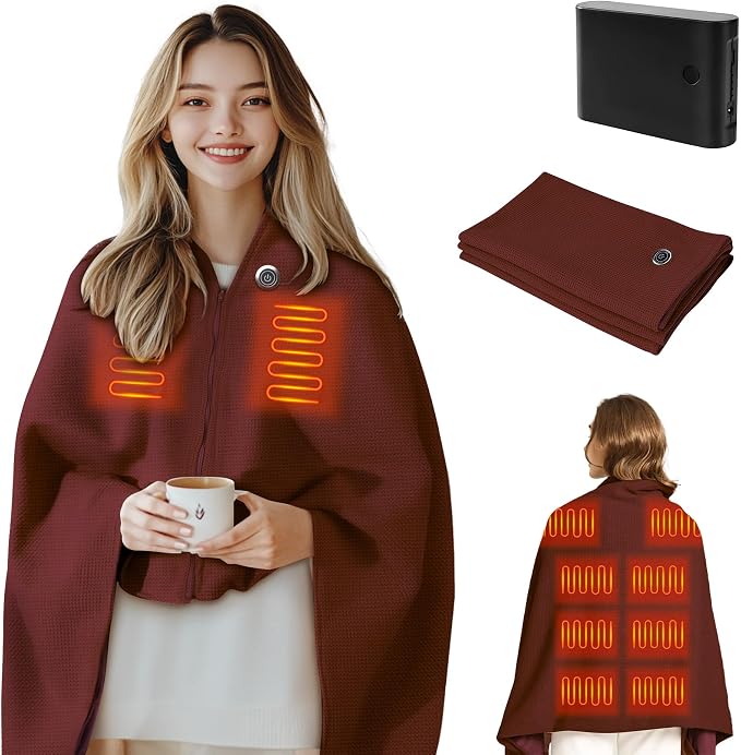 Heated Blanket Battery Operated Cordless Portable Heated Shawl,61" x 31" Electric Throw Blanket with 3 Fast Heating Levels,with Rechargeable Power Bank, Winter Gift for Women