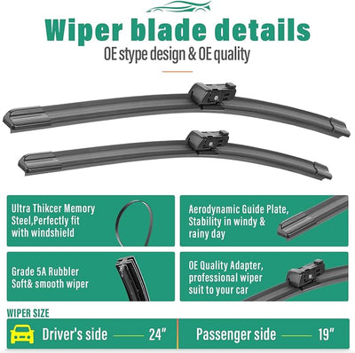 24" 19" 10" Windshield Wiper Blades Replacement for Honda CRV CR-V 2023 2024 2025 Premium All Weather Front Rear Wipers Set - OEM Quality (Pack of 3)