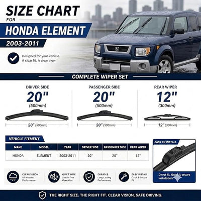 AERO Wipers OEM Replacement for Honda Element 2011-2003, 20"+20" Front + 12" Rear, All-Season Windshield Wiper Blades with Extra Squeegee Refills + 1-Year Warranty (Set of 3)
