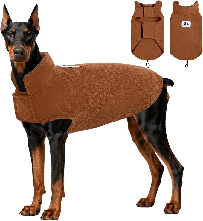 DENTRUN Reversible Dog Coat - Windproof Polar Fleece Vest with Reflective Neck Strips, Hook & Loop Closures, Easy-On Cold Weather Jacket for Large Dogs, XXL