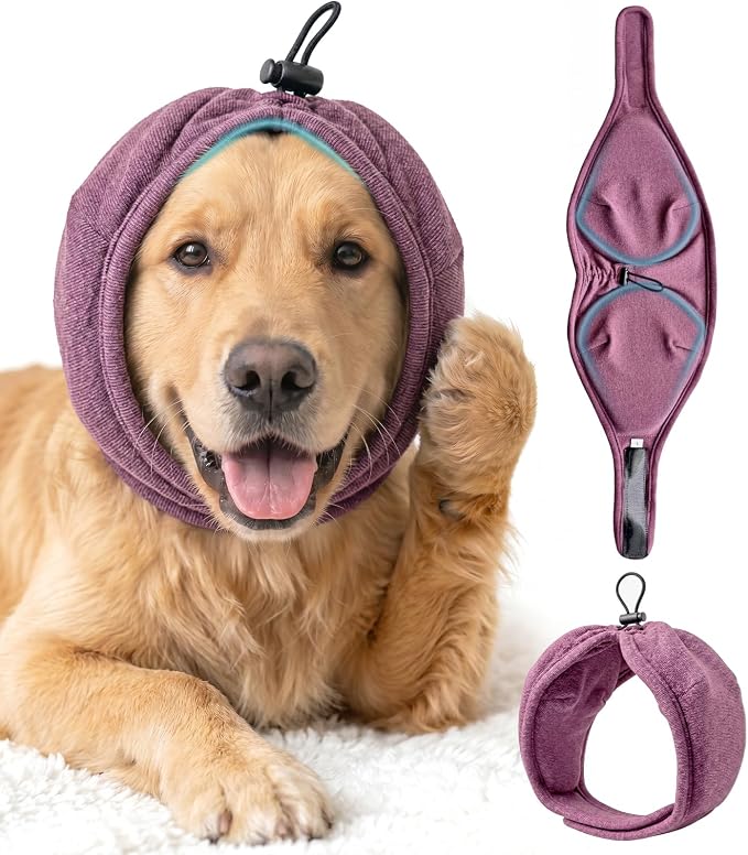 Dog Ear Muffs Cover - Dog Cat Ears Muffs for Bath Noise Protection Calming Cold Weather Anxiety Relief, Dark Red Small Adjustable Top for Grooming Bathing Fireworks and Travel S