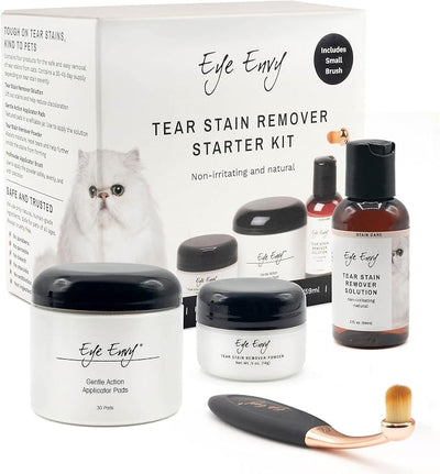Eye Envy Cat Tear Stain Remover Starter Kit with ProPowder Brush. Stain Solution, Applicator Pads, Stain Powder, and Small Applicator Brush. Tear Stain Cleaning Kit. Lasts 30-45 Days. Made in USA.