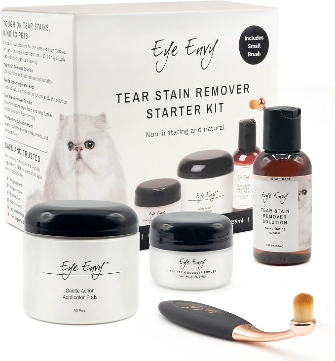 Cat Tear Stain Remover Starter Kit with ProPowder Brush. Stain Solution, Applicator Pads, Stain Powder, and Small Applicator Brush. Tear Stain Cleaning Kit. Lasts 30-45 Days. Made in USA.