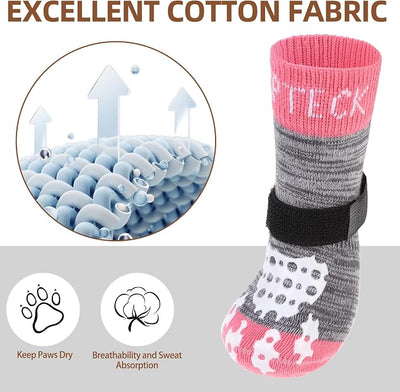 PUPTECK Anti-Slip Dog Socks with Double Sides Grips for Small Medium Large Dogs Hardwood Floors Prevents Licking, Dog Shoes for Hot Pavement Traction Control for Senior Dogs, Grey&Pink XS