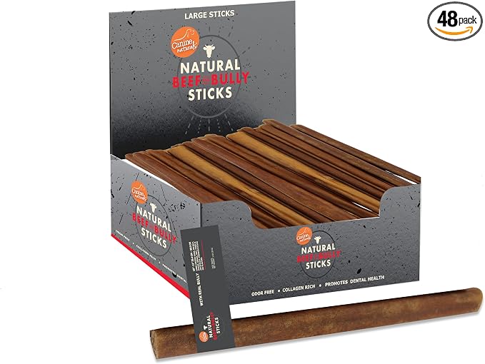 Natural Beef & Bully Sticks | 48 Count | Long-Lasting, Odor Free, High Protein Chews Made with 100% Real Bully | Bulk Carton Large Sticks