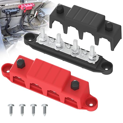 Bus Bar 250A 12V Power Distribution Block with 5/16" (M8) 4-Posts Terminals Block with Cover for Automotive, Marine, Battery System (Black & Red)
