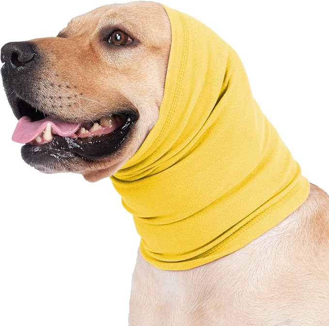 Meifsou Calming Hoodie for Dogs - Stretchy Dog Ear Cover, No Shake Anxiety Head Wrap Quiet Ears, Pet Snoods for Thunder, Lightning, Fireworks, Vet Visits, Grooming, Rabbit Plush Fabric, Yellow L