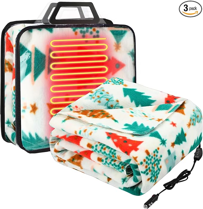 Tuanse 58 x 43 Inches 12 Volt Heated Car Blanket Plug in Portable Car Electric Blanket with Cigarette Lighter, Temperature Controller and Storage Bag for Rv Truck Traveling(White Green,Christmas Tree)