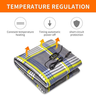 Amazingforless 12V Heated Fleece Car Blanket with Controller for Timer & Heat Levels Electric Car Blanket (Yellow Plaid)