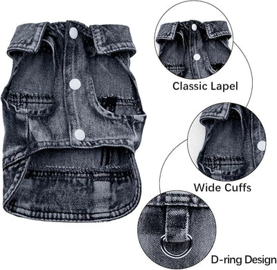 Dog Jean Jacket, Blue Denim Shirt Classic Lapel Vest Coat Costume Puppy T-Shirt, Comfort Tank Top Cool Apparel, Washed Pet Clothes for Dogs Boy Girl (Black with D-Ring, Medium)