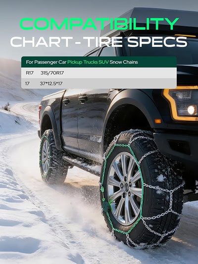 YHTAUTO Set of 2 Snow Chains 16MM Universal Fit 315/70-17 37 * 12.5 * 17 Pickup Truck SUV Passenger Car Tire Chains Auto-Tightening Quick Installation, Anti-slip Traction in Snow, Mud, Sand