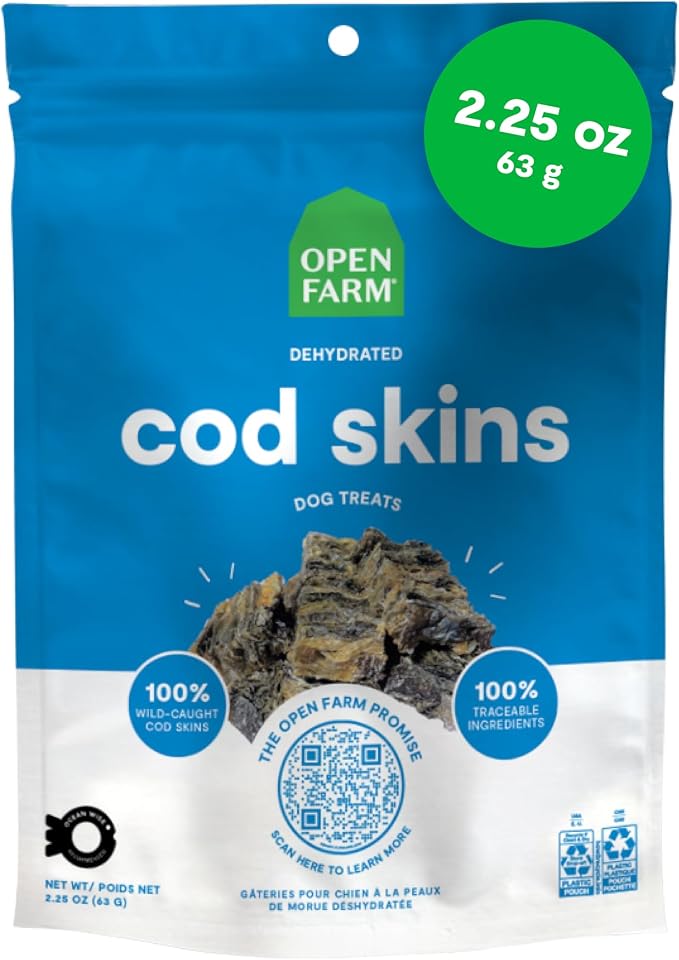 Dehydrated Dog Treats, High Protein & Low Carbohydrate Cod Skins, Crunchy Texture, Single Ingredient Wild-Caught Cod Skins Recipe, 2.25oz Pouch