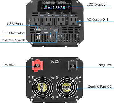 LVYUAN 3000 Watt Power Inverter 12V to 110V 120V DC to AC with 4 AC Outlets, LCD Display, USB Port & Remote Control for Home, RV, Vehicle, Truck, Off-Grid Solar System, Heavy Duty Outdoor Camping