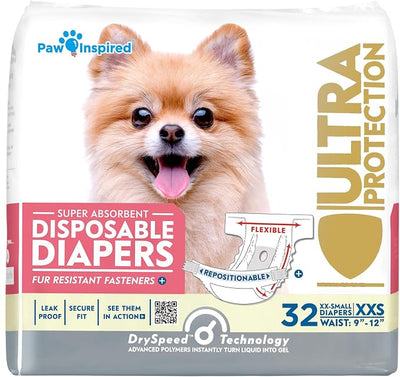 Paw Inspired Disposable Dog Diapers, Female Dog Diapers Ultra Protection, Diapers for Dogs in Heat, Excitable Urination, or Incontinence, XXS 32 Count
