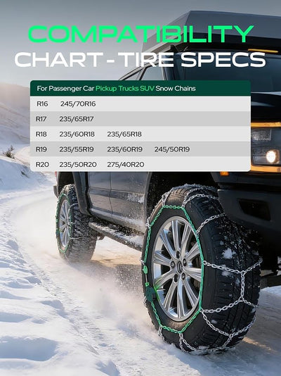 YHTAUTO Set of 2 Snow Chains 12mm for Pickup Truck SUV Passenger Car Universal Fit Tire Chains Auto-Tightening Quick Installation, Anti-slip Traction in Snow, Mud, Sand | SWC0011