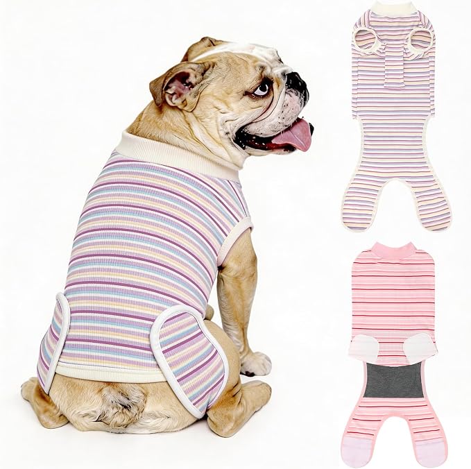 2 Packs Breathable Cotton Dog Recovery Suit for After Neuter Spay Abdominal Wounds Protector, Professional Anti-Licking Onesies for Male Female Pets Surgery Bandages, L Textured Pinky White