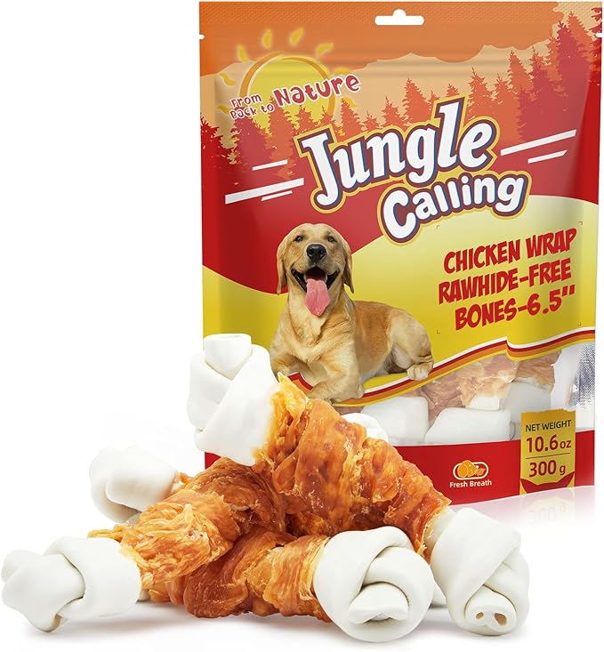 Rawhide Free Dog Bones, 6.5" Real Chicken Wrapped Dog Chew Bones for Medium and Large Dogs Training Treats