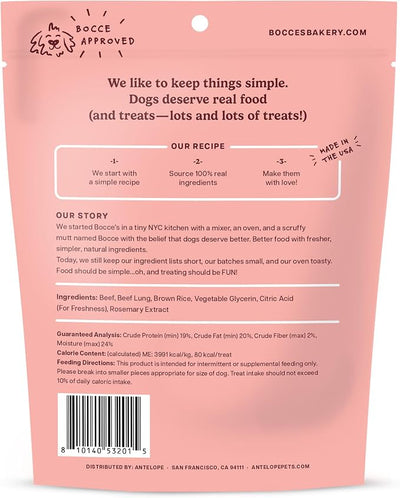 Bocce's Bakery Beefin’ Up Beef Jerky Protein Cuts Dog Treats – Natural & High-Protein, Wheat-Free, Made with Limited and Real Ingredients – Baked in The USA with No Added Salt or Sugar, Beef, 5oz