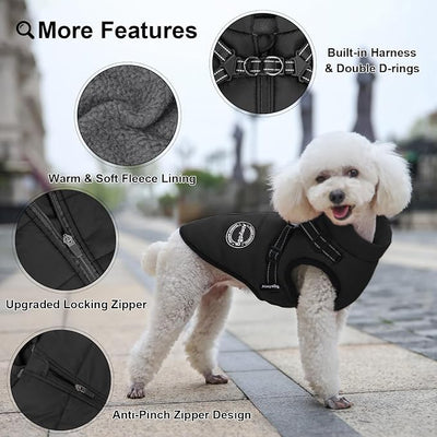 Warm Dog Winter Coat, Windproof Cold Weather Jacket, Reflective & Adjustable Black Pet Vest with Harness, Thick Polar Fleece Lining Cozy Apparel for Small Medium Dogs & Cats