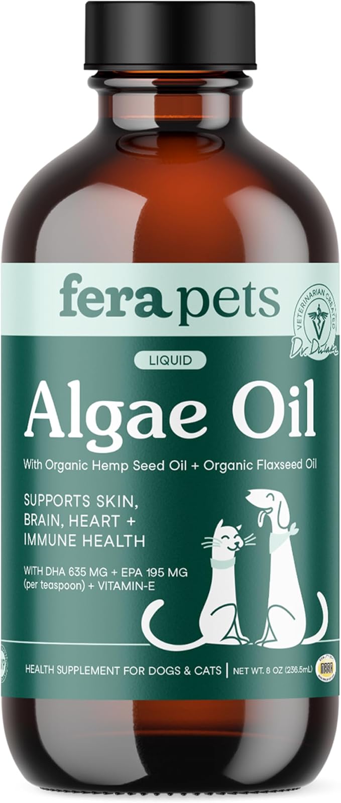 Algae Oil - Cats & Dogs Omega 3 Oil - Vegan - Immune, Heart, Brain, Skin and Coat Support - Includes Vitamin E, Organic Hemp Seed & Flaxseed Oil - 100% Plant Based Omega-3s - 8 oz