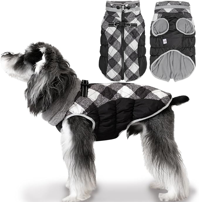 Black Checkerboard Cozy Waterproof Thick Dog Winter Coat Doggie Jacket Warm Pet Clothes Comfortable Puffer Dog Vest for Medium Large Dogs with Harness Hole YRFN18L