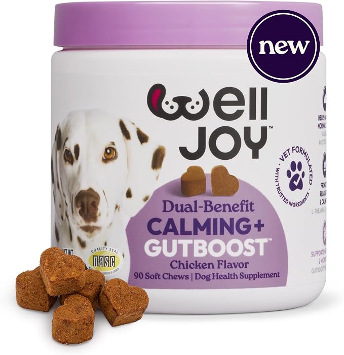 New! Dog Supplement Calming+ GutBoost | Dog Health Supplement | Promotes Relaxation & Calmness | Dual-Benefit GutBoost Formulation | Vet Formulated | USA Made | Chicken Flavor | 90 Soft Chews