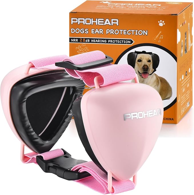 PROHEAR Ungrade GEL Pads Dog Ear Muffs Hearing Protection for Dogs, NRR 28dB for Thunder, Hunting, Tourism,Large - Pink