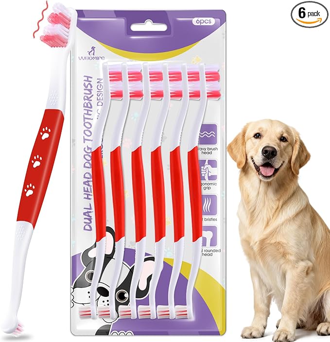 Dog Toothbrush, Dual-Head, for Medium-Large Dogs, Red | Soft Bristles for Gentle Cleaning, 60° Curved Bristles for Better Coverage, Comfortable for Sensitive Gums
