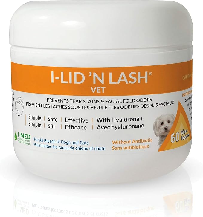 I-LID N LASH Vet Dog Eye Wipes - Tear Stain Preventer for Dogs (60 Wipes) | Prevents Puppy Tear Stains with Hyaluronan | Cat Eye Wipes for Discharge - No Antibiotics or Harmful Chemicals