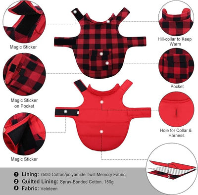 ASENKU Dog Winter Coat, Fleece Doggie Jacket Plaid Reversible Vest Waterproof Windproof Cold Weather Clothes for Small Medium Large Dogs (Red, XL)