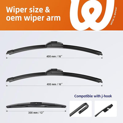 16"+16" Windshield Wiper Blades with 12" Rear Wiper Replacement for Jeep Wrangler JL 2018 2019 2020 2021 2022 2023-OEM Quality All-Weather J Hook Wipers(Set of 3)