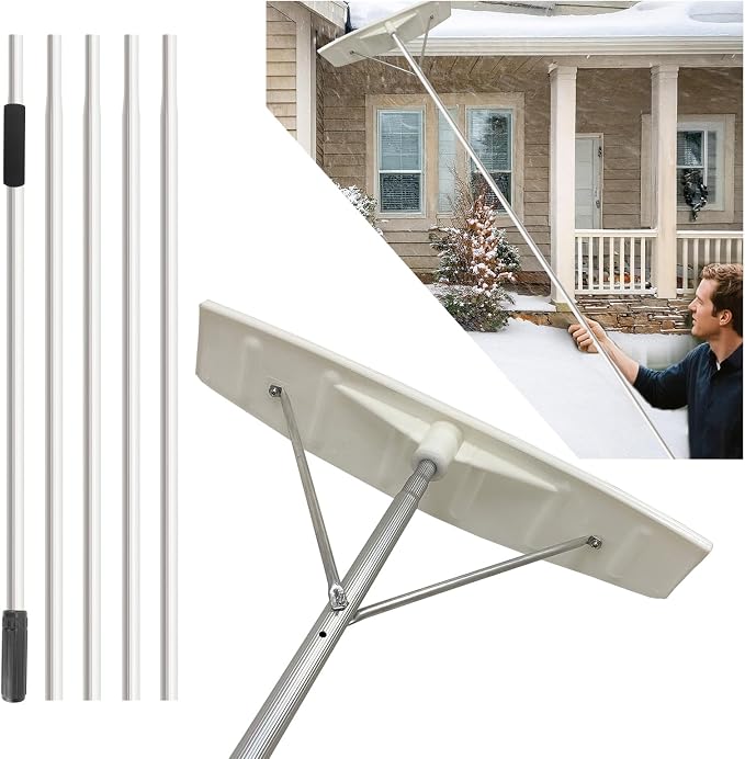 19Ft Snow Roof Rake Removal Clean Tool Ice Dams Rooftop Snow Scraper Shovel for Sltanted Cedar Shake Roofs Car Ranch House Leaves Debris - Lightweight Pole
