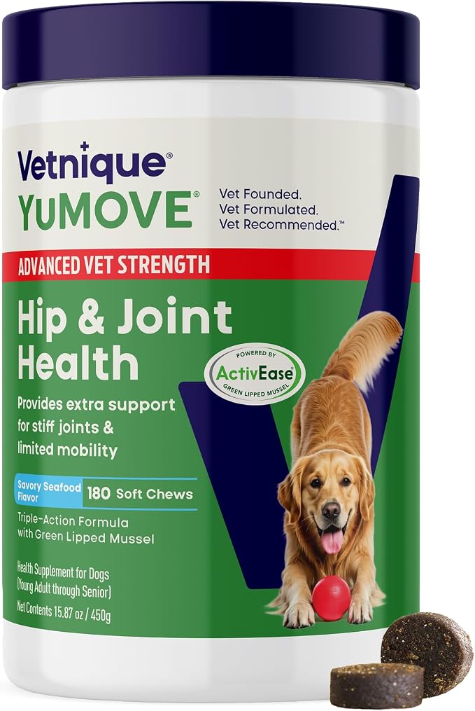 Advanced Vet Strength Hip & Joint Supplement for Dogs - ActivEase Green Lipped Mussel, Glucosamine, Hyaluronic Acid & Omega 3 for Serious Mobility Support (180ct Chews, Advanced Strength)