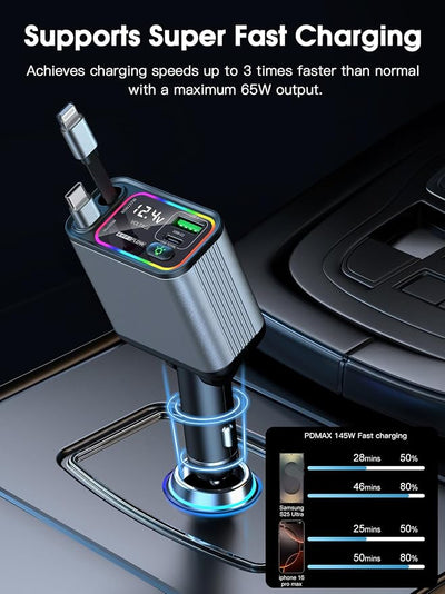 Retractable Car Charger USB C & Lightning, 107W Fast Charging Type-C Car Charger with Built-in Lightning Cable, Compatible with iPhone 17/16/15/Air, Samsung S24/S23/S22, Pixel 9/8/7 - Grey