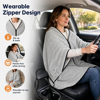 Sojoy 12V Heated Car Blanket with Zipper Wearable Design, Flannel Sherpa Electric Blanket for Car Truck SUV RV Van, Portable Heated Shawl, Light Gray