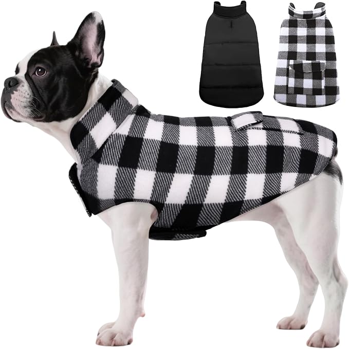Dog Winter Coat, Fleece Doggie Jacket Plaid Reversible Vest Waterproof Windproof Cold Weather Clothes for Small Medium Large Dogs (S, White)