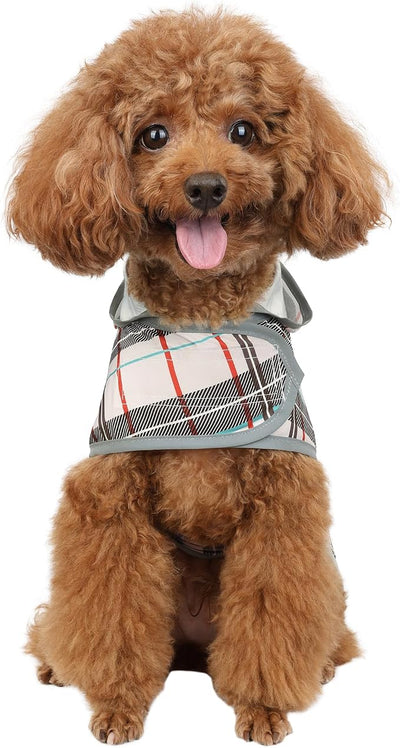 Dog Raincoat for Small Dogs Puppies Waterproof Jacket Hooded Rain Coats with Reflective Strips Leash Hole & Poncho Adjustable Fit (Plaid,S)