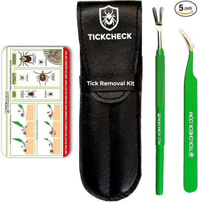 TickCheck Premium Tick Remover Kit - Stainless Steel Tick Remover + Tweezers, Leather Case, and Free Pocket Tick Identification Card (5 Pack)