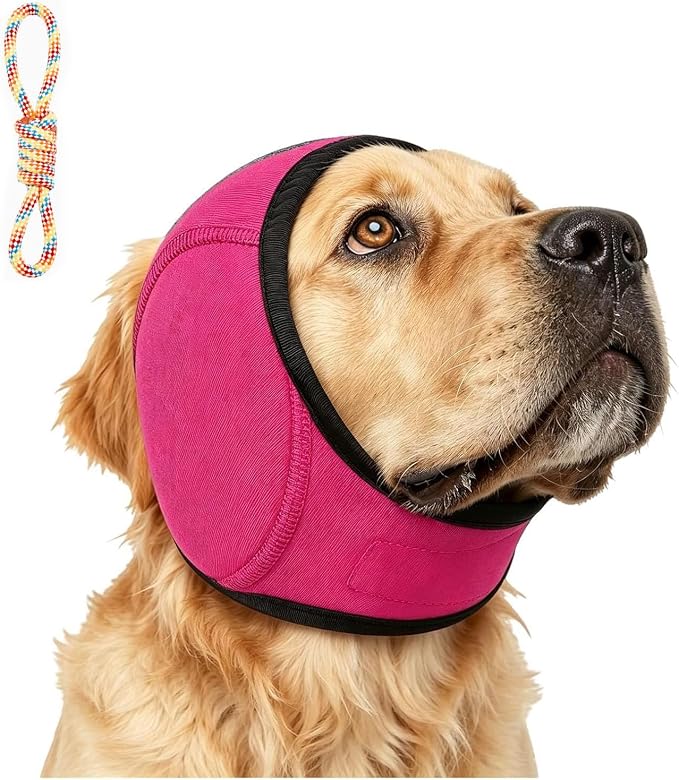 Zenpup Noise Cancelling Ear Wrap, Dog Ear Muffs Noise Protection Firework Thunder Vacuum, Elastic Dog Ear Wrap with Sound-Blocking Rubber Pads, No Shake, Adjustable (Rose red, Small)
