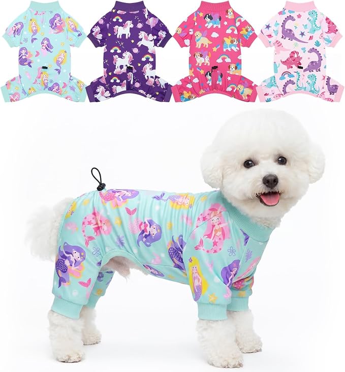 4 Pack Dog Pajamas for Small Dogs, Cute Puppy Clothes with Drawstring Adjustable, Stretchy Soft Dogs Pjs Onesie Shed Defender Doggie Suit Pet Clothes Girl Outfit, S