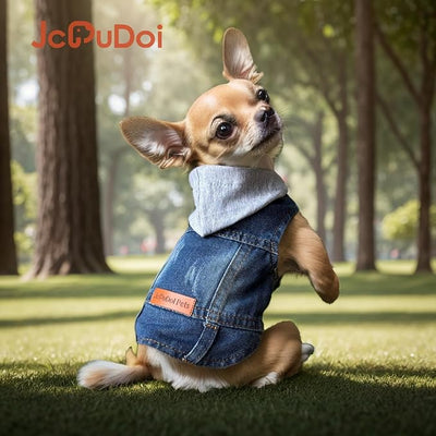 Dog Jeans Jacket with Hooded Denim Pet Coat for Puppy Small Dogs Classic Overalls Male Cat Costumes Washed Vest Clothes Outfit T-Shirts(Hoodie Large)