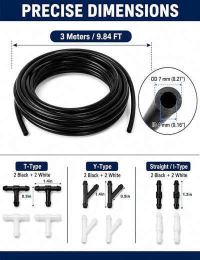 Windshield washer hose kit, 3 Meters (9.84ft) Flexible Washer Fluid Tubing with 12 Pcs Connectors (Black & White), windshield wiper hose repair kit for Cars, SUVs, Trucks
